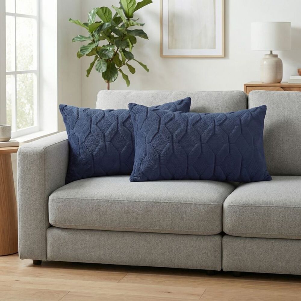 2pcs Short Plush Throw Pillowcases Solid Color for Sofa 12 x 20 Inch Dark Blue